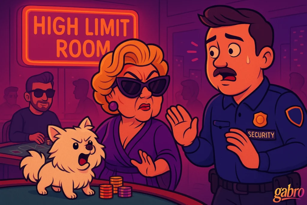 Adult cartoon–style widescreen scene inside a neon-lit high-limit room. Madam Lulu, all vintage silk and sunglasses, holds up a hand like a queen while Baby Lucky, her fluffy white Pomeranian, barks at the table beside stacked chips. A nervous casino security guard steps back, sweating, hands raised in apology. gabro in sunglasses sits at the table in the background laughing.