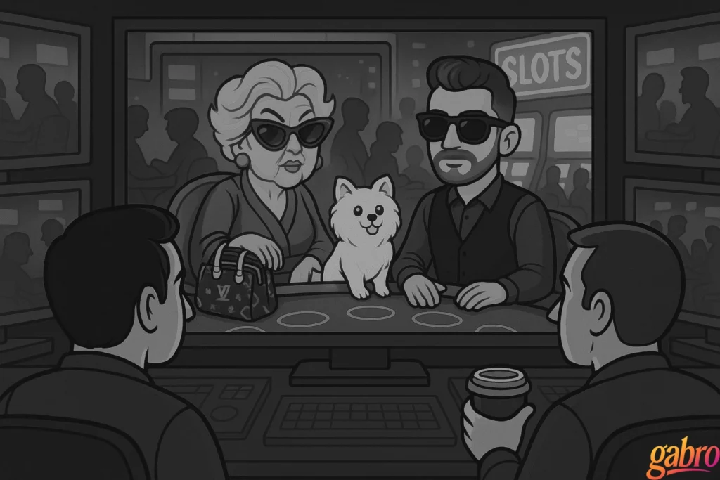 Adult cartoon–style illustration of two casino surveillance agents in a black & white control room watching monitors. On the main screen, Madam Lulu and her fluffy white Pomeranian sit at a baccarat table with gabro dealing. One agent sips coffee while the other looks confused, surrounded by monitors.