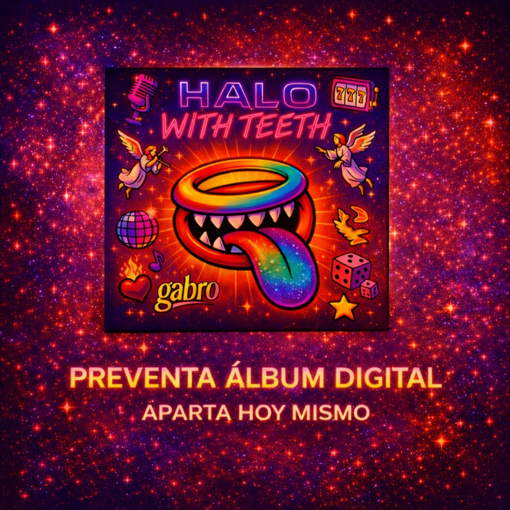 Gráfico promocional colorido con temática cósmica para el álbum HALO WITH TEETH de gabro, con la portada centrada y un diseño de halo arcoíris con lengua, rodeado de íconos juguetones y texto brillante que dice “PREVENTA DEL ÁLBUM DIGITAL” y “APARTA EL TUYO HOY”.
