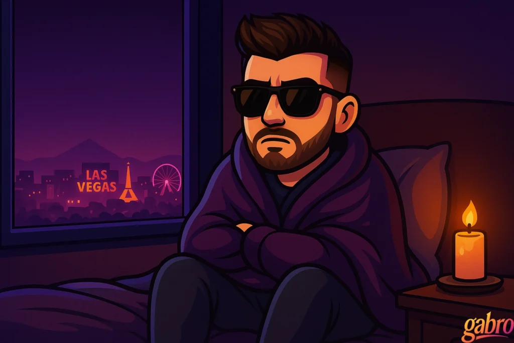 Stylized illustration of gabro sitting on a bed with arms crossed, wearing sunglasses and wrapped in a dark blanket. He looks serious and contemplative. A candle glows on a bedside table, and through the window behind him the Las Vegas skyline is visible at night, including the “Las Vegas” sign, Eiffel Tower replica, and Ferris wheel. The scene has a moody, late-night Vegas atmosphere, with a small “gabro” signature in the corner.
