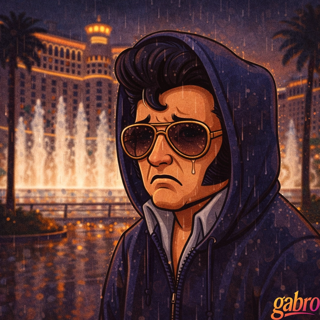 Stylized illustration of fake Elvis standing alone in the rain on the Las Vegas Strip, wearing a hooded jacket and sunglasses streaked with raindrops. His expression is somber and reflective. The Bellagio fountains glow behind him, with palm trees and casino lights blurred by rain, creating a moody, cinematic late-night Vegas atmosphere. A small “gabro” signature appears in the corner.