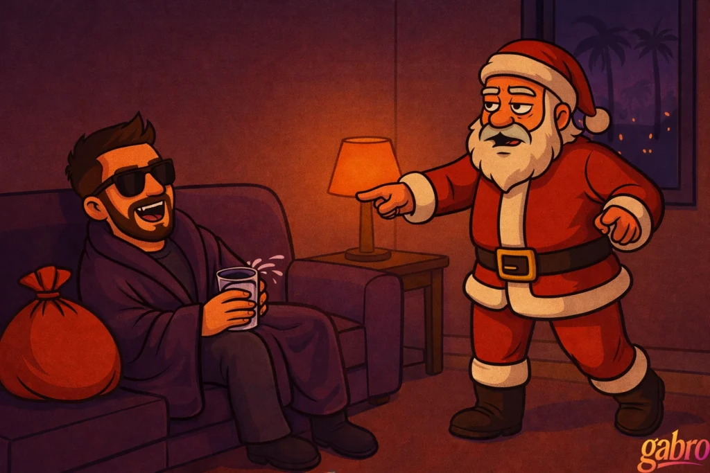 Stylized illustration of gabro reclining on a couch in sunglasses and a dark robe, laughing while holding a drink that splashes slightly. Across from him, a disheveled Santa Claus stands mid-lecture, pointing emphatically as he talks. A sack of gifts rests on the couch, a lamp casts warm light in the room, and palm trees are visible through the window, creating a comedic, late-night Vegas storytelling atmosphere. A small “gabro” signature appears in the corner.