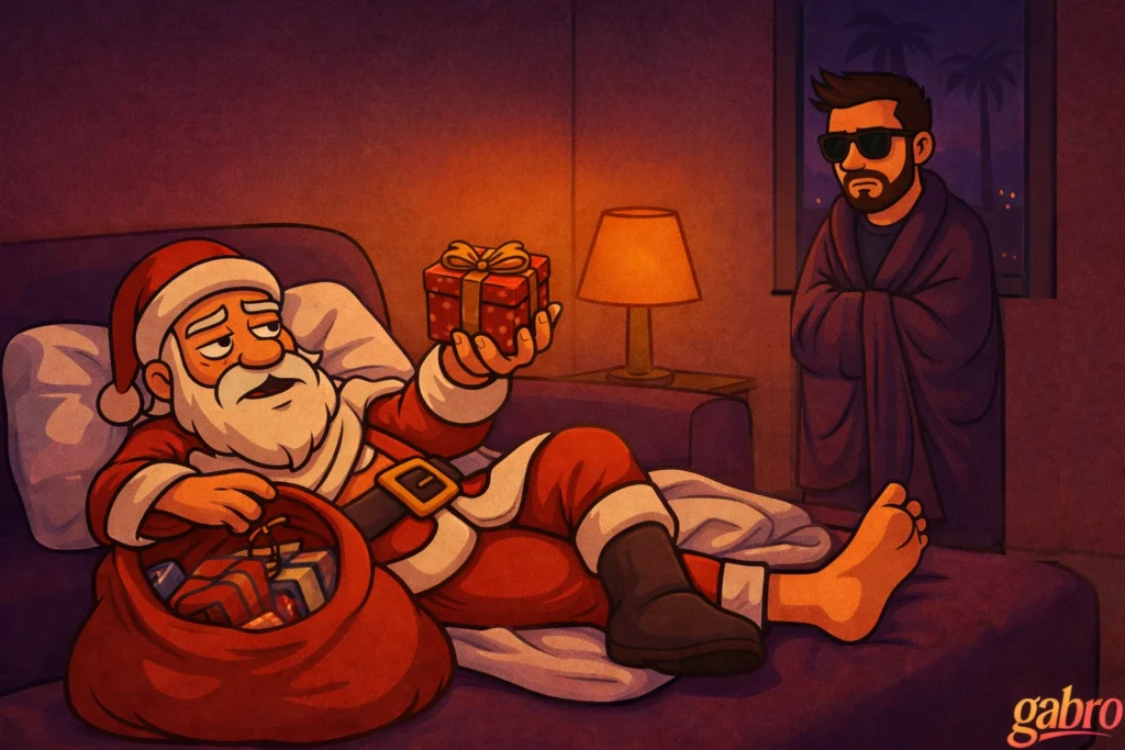 Stylized illustration of a weary Santa Claus lounging barefoot on a couch, holding up a small wrapped gift while his open sack of presents rests beside him. In the background, gabro stands wrapped in a dark robe and wearing sunglasses, watching quietly with arms crossed. A warm lamp glows on a side table, and palm trees are visible through the window, giving the scene a reflective, late-night Vegas mood. A small “gabro” signature appears in the corner.