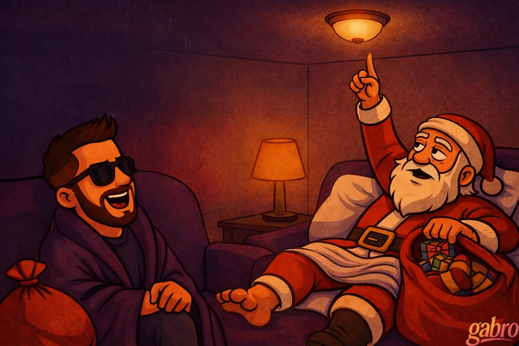 A cozy cartoon scene shows cartoon gabro sitting in a chair wearing sunglasses and a robe, laughing with Santa Claus, who is lounging on a bed with a sack of gifts beside him. Santa points up at a ceiling light while the room glows with warm lamplight, creating a relaxed, funny after-hours holiday vibe.