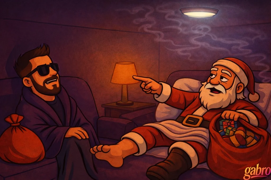 Stylized illustration of gabro sitting back in an armchair wearing sunglasses and a dark robe, listening calmly while a relaxed, barefoot Santa Claus reclines across from him, pointing mid-sentence. Wisps of smoke drift near the ceiling, Santa’s sack of gifts rests beside him, and a warm lamp glows between them. The scene feels intimate, slightly chaotic, and late-night Vegas in tone, with a small “gabro” signature in the corner.
