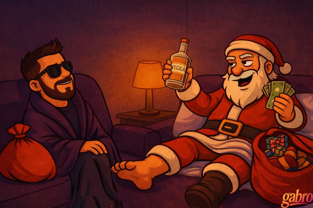 Stylized illustration of gabro sitting back in an armchair wearing sunglasses and a dark robe, watching as a cheerful, disheveled Santa Claus lounges barefoot across from him, grinning and holding up a bottle labeled “Tequila” in one hand and a stack of cash in the other. Santa’s open sack of gifts rests beside him, a lamp glows warmly in the background, and the scene carries a playful, late-night Vegas energy, with a small “gabro” signature in the corner.
