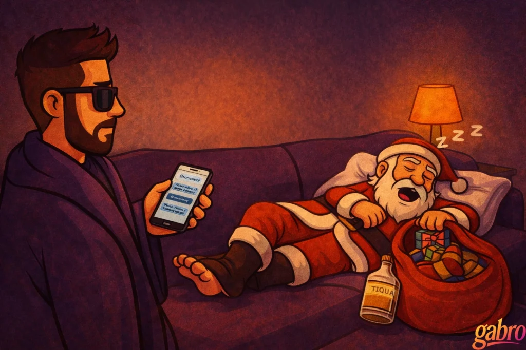 Stylized illustration of gabro standing beside a couch in sunglasses and a dark robe, checking his phone while Santa Claus sleeps sprawled across the couch. Santa snores softly with “zzz” above his head, his sack of gifts open beside him and an empty tequila bottle on the floor. A warm lamp glows in the background, creating a quiet, late-night Vegas wind-down scene, with a small “gabro” signature in the corner.