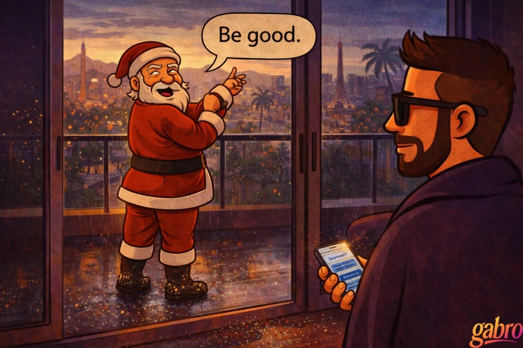 Santa stands on a rain-slick Las Vegas balcony at dawn, glitter scattered around his boots as he turns back with a grin and raised cuff. Inside, Gabro watches in sunglasses and a robe, holding his phone, the city glowing behind Santa like a rumor fading.
