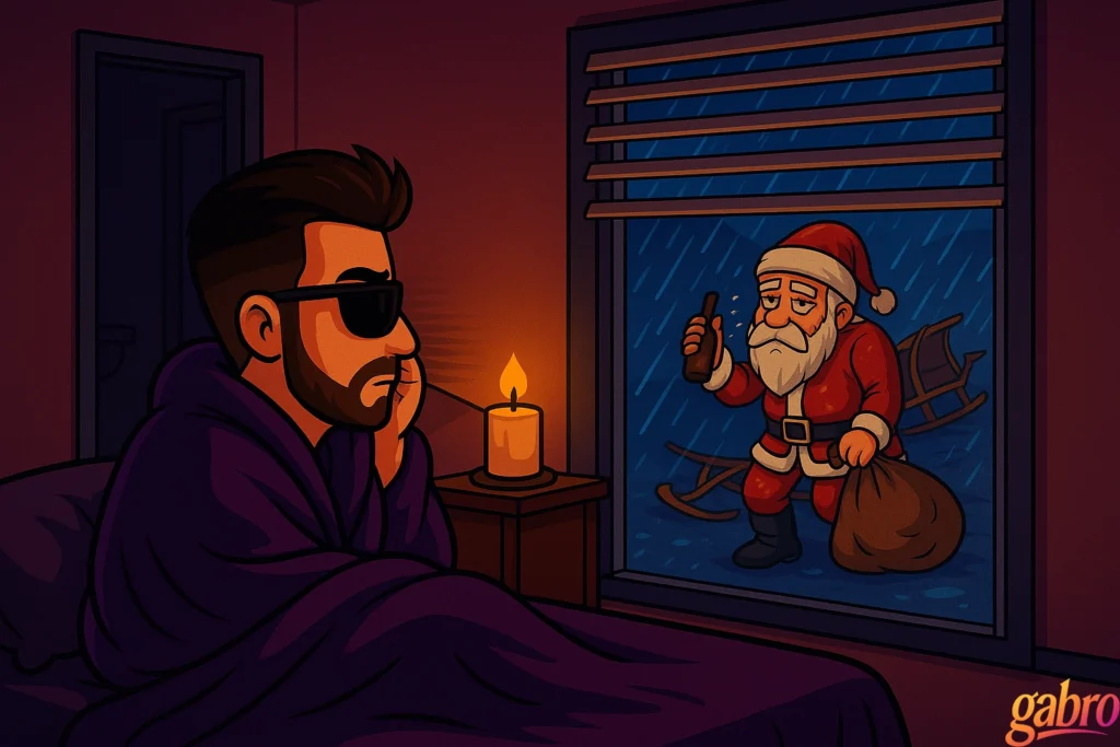 Stylized illustration of gabro sitting up in bed, wrapped in a dark blanket and wearing sunglasses, resting his head on his hand in a quiet, contemplative pose. A candle glows on a bedside table beside him. Outside the rain-streaked window, a disheveled Santa Claus stands in the night holding a beer bottle and a sack, looking tired and defeated, with his sleigh behind him. The scene feels moody, humorous, and late-night Vegas in tone, with a small “gabro” signature in the corner.