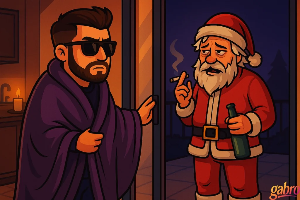 Stylized illustration of gabro standing inside a doorway at night, wearing sunglasses and wrapped in a dark robe, holding the door partially closed. Outside, a disheveled Santa Claus looks exhausted and guilty, holding a beer bottle and smoking a cigarette. Santa’s suit is rumpled, his expression worn down. Warm indoor candlelight contrasts with the dark, rainy night outside, creating a moody, humorous late-night Vegas vibe, with a small “gabro” signature in the corner.