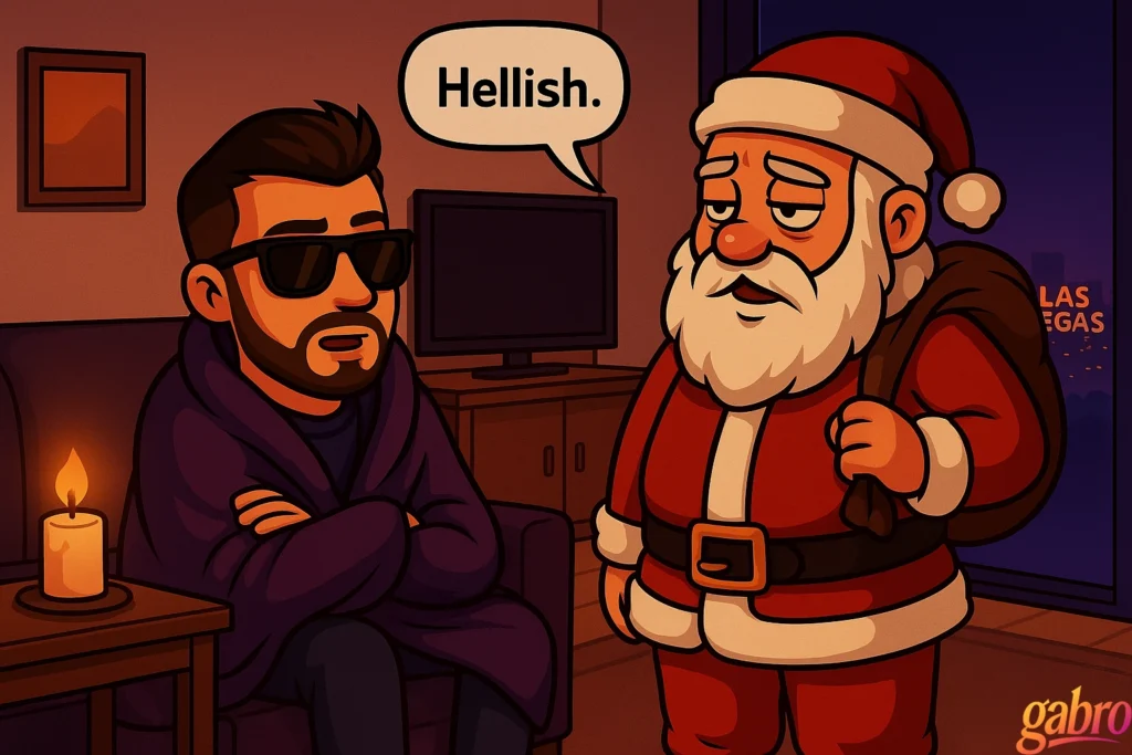 Stylized illustration of gabro sitting with arms crossed, wearing sunglasses and a dark robe, listening to a weary Santa Claus standing beside him with a sack over his shoulder. Santa looks exhausted and resigned, and a speech bubble above him reads “Hellish.” A candle glows on a side table, a TV sits in the background, and the Las Vegas skyline is visible through a window at night. The scene has a dry, darkly humorous late-night Vegas mood, with a small “gabro” signature in the corner.