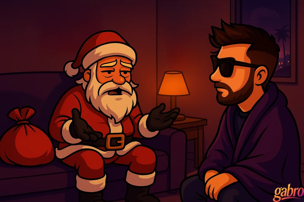 Illustrated scene of gabro sitting on a couch wearing sunglasses and a dark robe, looking at a weary Santa Claus who is seated beside him. Santa has a tired expression and is gesturing with his hands as if explaining something, while a large bag of gifts sits on the floor beside him. A warm lamp glows softly in the background, with a glimpse of palm trees outside the window, giving a calm, late-night vibe. The scene has a humorous, yet contemplative tone, with a small “gabro” signature in the corner.