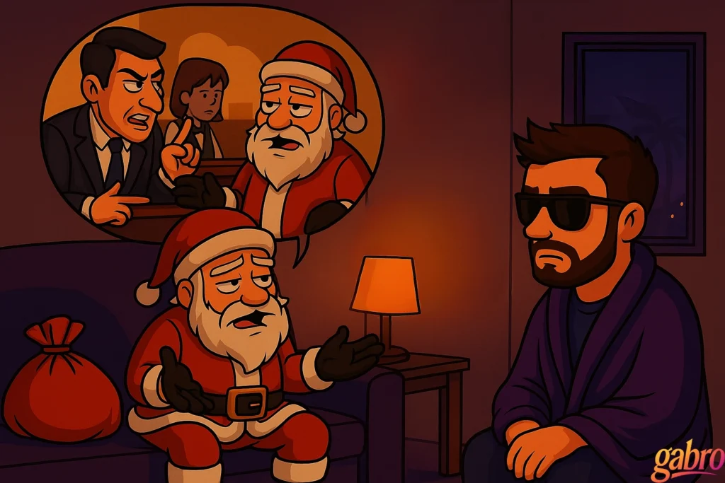 Stylized illustration of gabro sitting quietly in a robe and sunglasses while a weary Santa Claus gestures as he tells a story. Above Santa, a thought bubble shows him being kicked out of a casino at a blackjack table, with an angry casino manager pointing and a dealer looking on. A sack of gifts rests nearby, and a warm lamp lights the room, creating a humorous, reflective late-night Vegas mood. A small “gabro” signature appears in the corner.