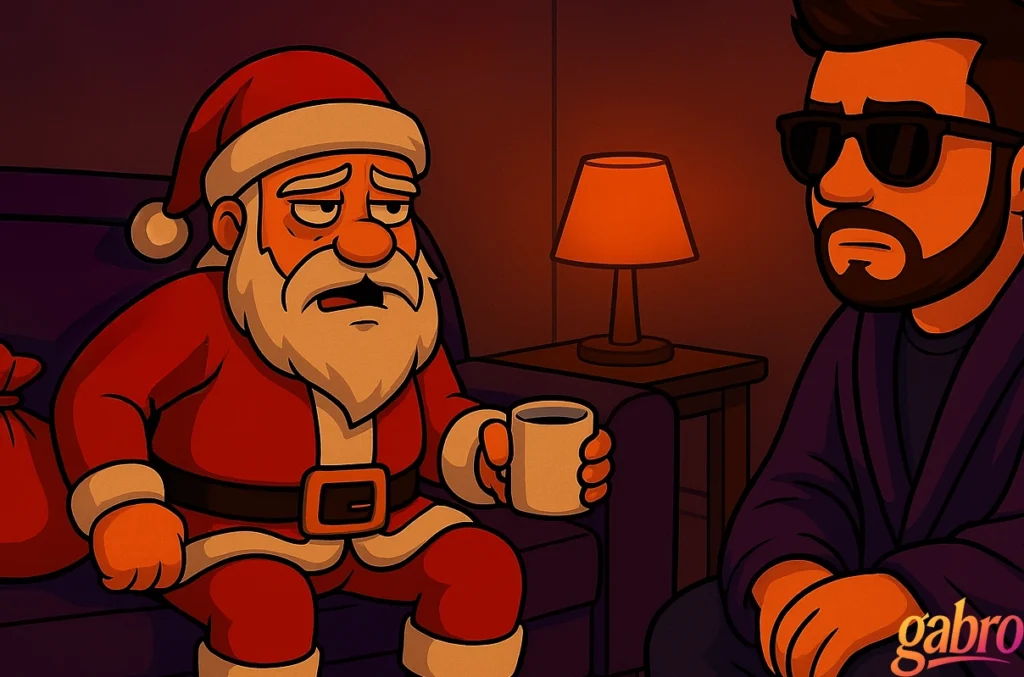 Stylized illustration of a weary, disheveled Santa Claus sitting on a couch holding a mug, looking tired and reflective. Beside him, gabro sits calmly wearing sunglasses and a dark robe, listening quietly. A small lamp glows on a side table behind them, creating a warm, late-night atmosphere. The scene feels intimate, subdued, and gently humorous, with a small “gabro” signature in the corner.