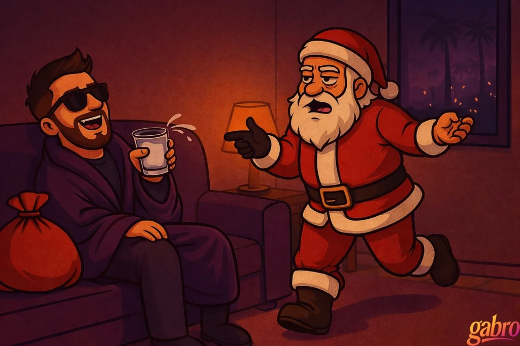 Stylized illustration of gabro lounging on a couch in sunglasses and a dark robe, laughing while holding a drink. A disheveled Santa Claus strides across the room mid-rant, pointing dramatically as he talks, his sack of gifts on the floor nearby. Warm lamplight fills the room, with palm trees visible outside the window, creating a playful, late-night Vegas storytelling vibe. A small “gabro” signature appears in the corner.