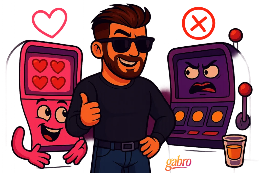 Cartoon gabro smiling with a thumbs-up between two animated slot machines: a pink one with heart symbols flirting happily with him, and a purple one glaring angrily with a frown, a glowing red “X” above it and a drink sitting beside it.