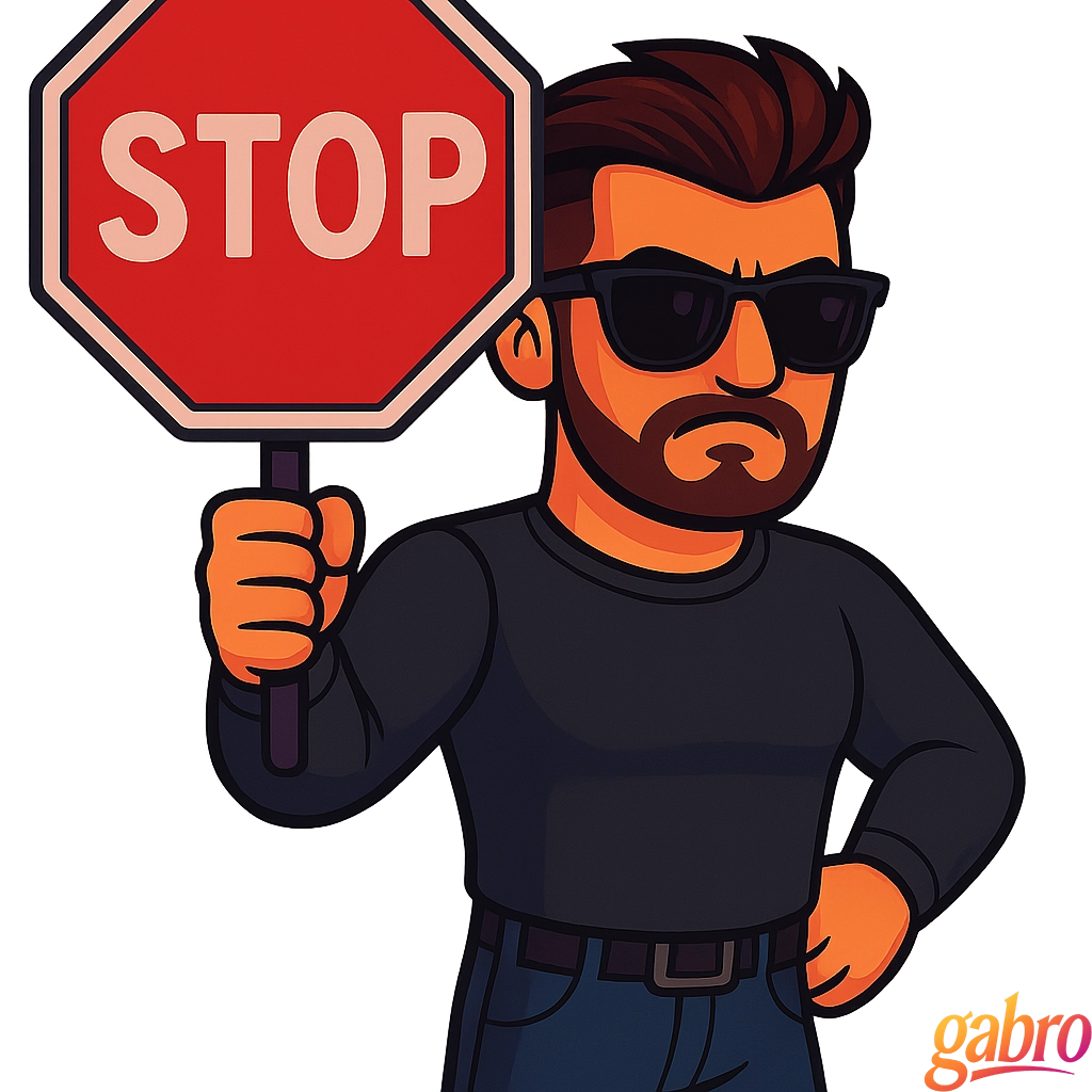 gabro en caricatura, con lentes oscuros y camisa negra de manga larga, de pie con firmeza, una mano en la cintura y sosteniendo una gran señal roja de STOP, con cara seria y nada impresionada.