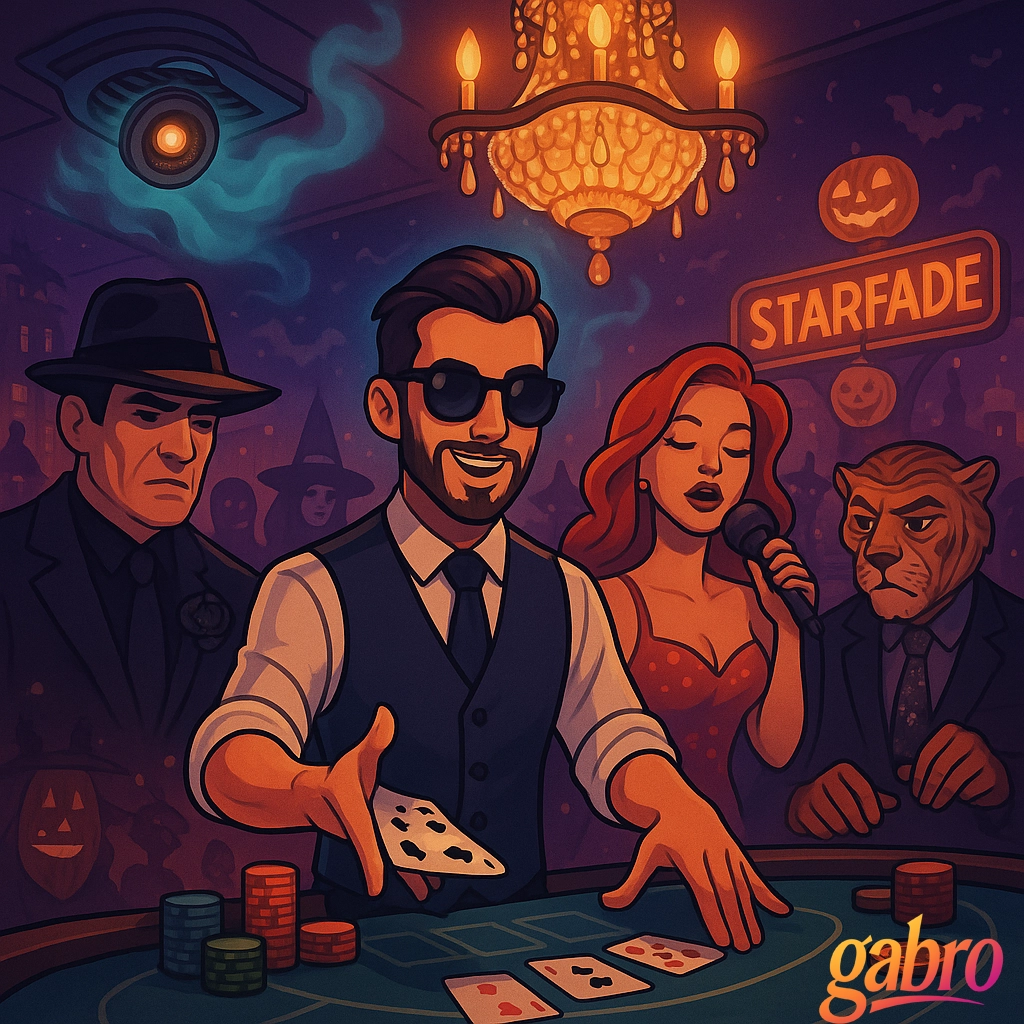 Halloween at the Starfade. gabro in sunglasses flourishes a deal as the ceiling camera winks and a vent exhales lake-cold mist. The chandelier glows before its sigh. Rocco stands with a black carnation. Vera sings beside him. The tiger wears a constellation tie and taps twice on the rail. Costumes crowd the room, including a plastic fedora in the back and fringe flirting with shroud. The scene feels rehearsed and electric, like a drumline counting down.