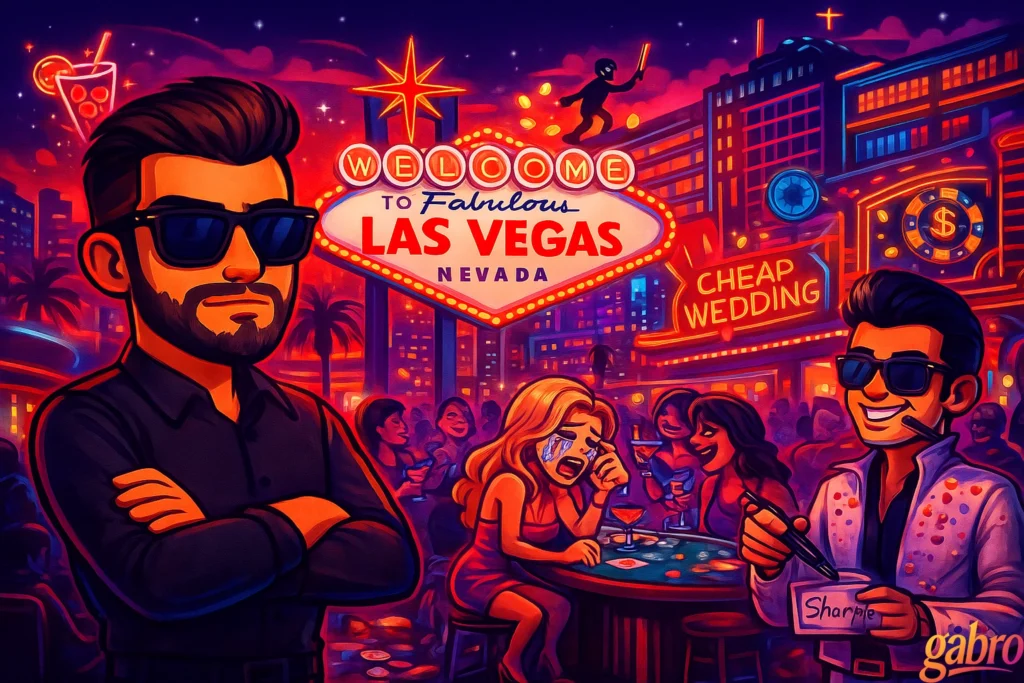 Neon-saturated Las Vegas night scene: gabro stands left with arms crossed and a serious expression, while a flashy Elvis-style wedding officiant in sunglasses grins on the right holding a Sharpie and clipboard. Between them, a blonde woman in a red dress cries at a small casino table as partygoers drink and watch. Behind them glows the “Welcome to Fabulous Las Vegas, Nevada” sign, a “Cheap Wedding” marquee, casino buildings, and floating dollar/chip icons, with the gabro logo in the bottom-right.
