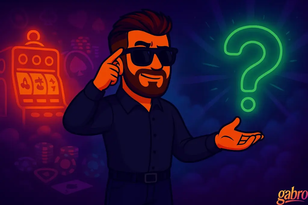 A neon-lit cartoon illustration of gabro in dark sunglasses and a black button-up shirt, smiling and pointing to his temple while gesturing toward a glowing green question mark. The background features casino imagery, including a slot machine, poker chips, cards, and suit symbols in purple, blue, and orange tones, with a small gabro logo in the bottom right corner.