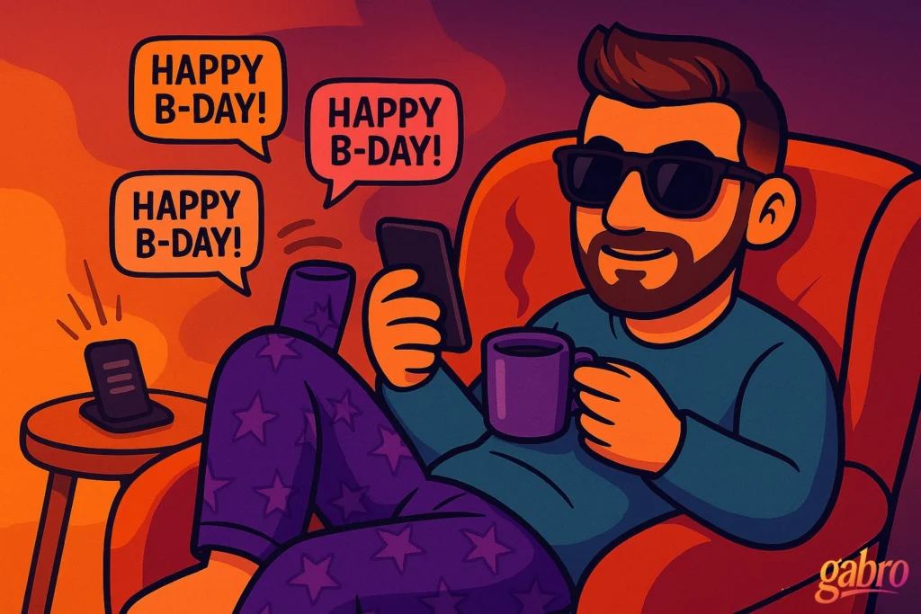 Cartoon illustration of gabro lounging in an orange armchair wearing sunglasses, a teal long-sleeve shirt, and purple pajama pants with star patterns. He’s smiling while holding a phone and a purple coffee mug, surrounded by text bubbles that read “HAPPY B-DAY!” A phone on the side table also lights up with messages, and the warm orange and purple tones create a cozy, playful birthday vibe. The gabro logo appears in the bottom right corner.