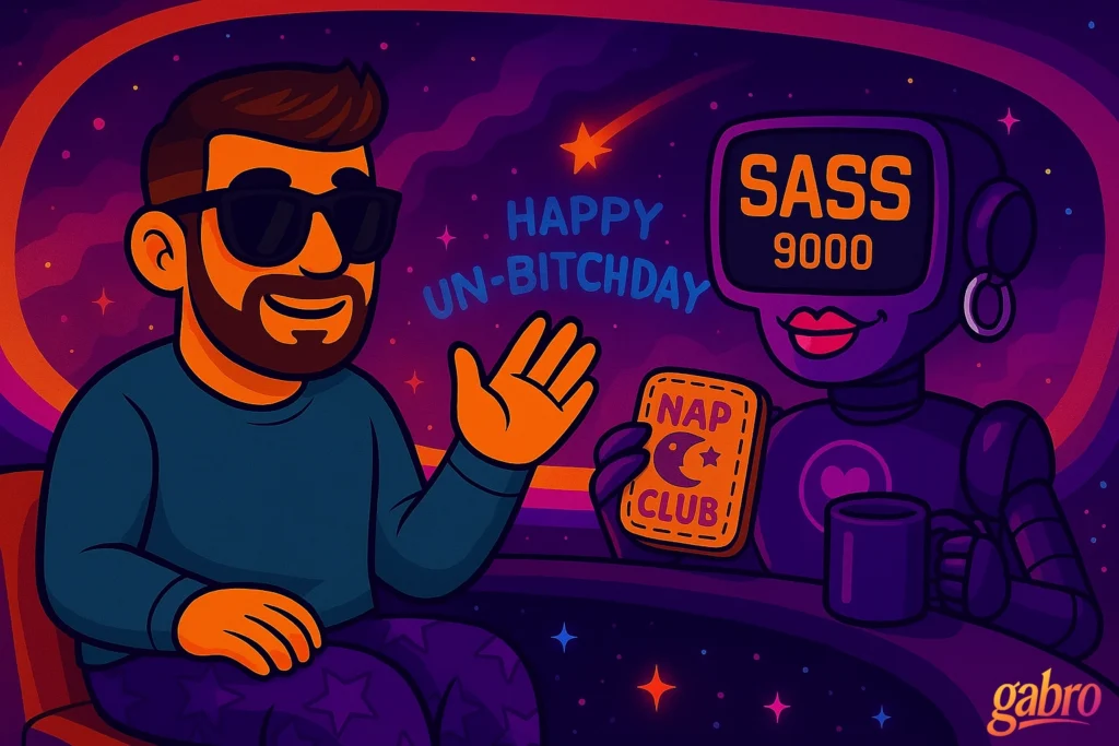 Cartoon illustration of gabro wearing sunglasses, smiling and waving while sitting across from a friendly robot with a screen face that reads “SASS 9000.” The robot holds a mug and a tablet labeled “NAP CLUB.” Behind them, colorful stars and cosmic waves fill the background with the words “HAPPY UN-BITCHDAY” glowing in blue. The gabro logo appears in the bottom right corner.