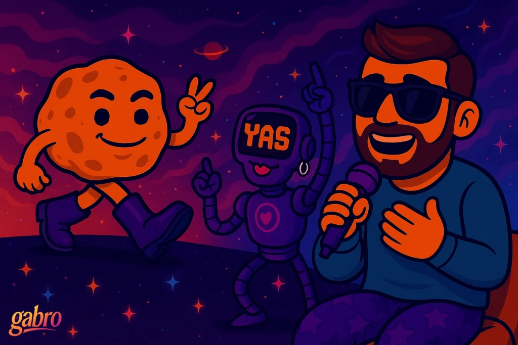 Cartoon illustration of gabro wearing sunglasses and holding a microphone while smiling and singing. Beside him, a cheerful robot with the word “YAS” glowing on its face dances with one arm raised, and a friendly orange planet with boots walks by flashing a peace sign. The cosmic background glows in shades of purple, magenta, and orange with scattered stars. The gabro logo appears in the bottom left corner.