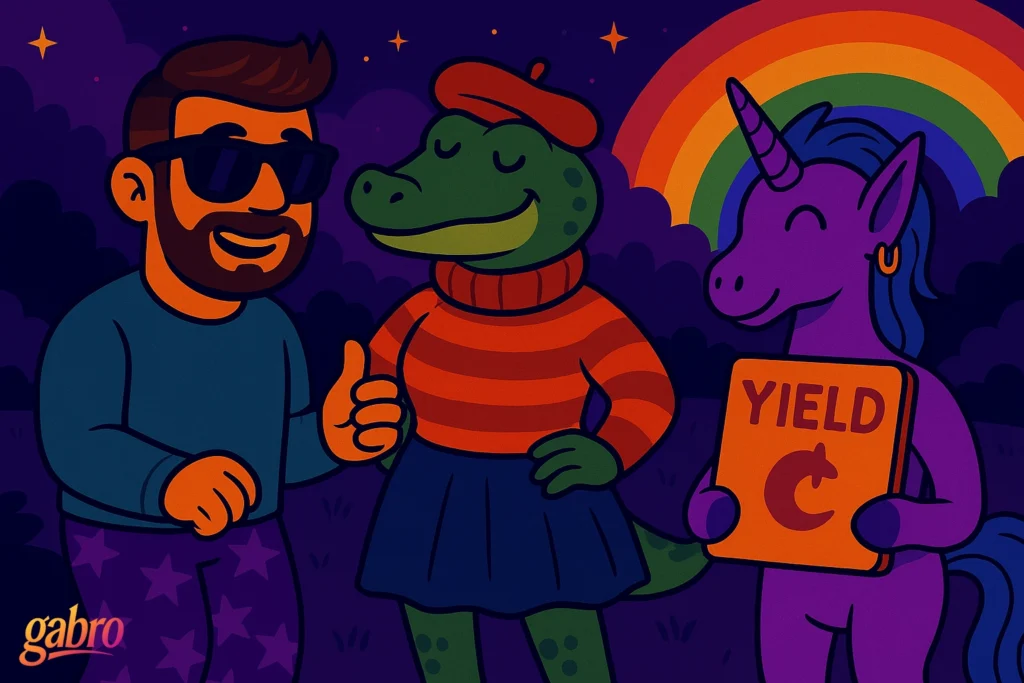 Cartoon illustration of gabro wearing sunglasses and smiling with a thumbs-up beside a friendly green alligator in a red beret, striped sweater, and blue skirt. A cheerful purple unicorn with an earring stands next to them holding a bright orange “YIELD” sign with a curved arrow. A rainbow arches across the dark purple night sky filled with stars, and the gabro logo appears in the bottom left corner.
