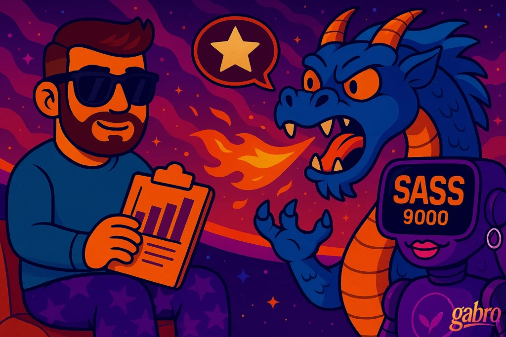Cartoon illustration of gabro wearing sunglasses and holding an orange clipboard with charts, calmly facing a blue dragon breathing orange fire. A speech bubble with a gold star floats between them. To the right, a purple robot labeled “SASS 9000” observes the scene. The cosmic background glows with purple, pink, and orange hues and scattered stars, while the gabro logo appears in the bottom right corner.