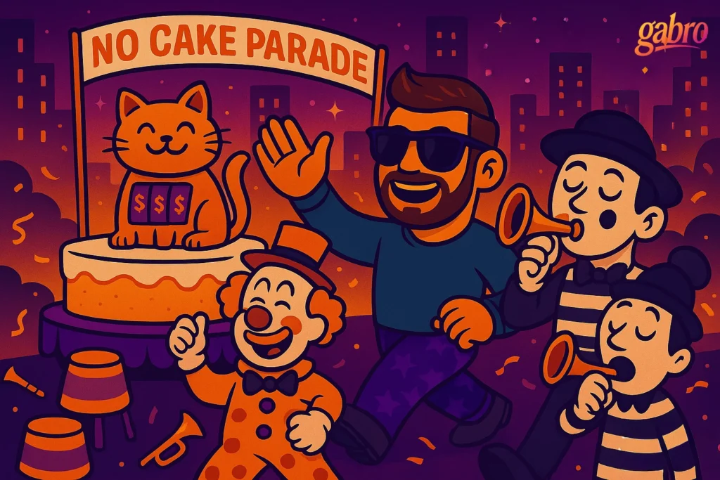 Cartoon illustration of gabro wearing sunglasses and joyfully marching in a colorful parade alongside clowns and mimes blowing horns. A giant cake float features a smiling cat with dollar signs on its chest and a banner reading “NO CAKE PARADE.” The city skyline glows in the background under a confetti-filled, orange-and-purple night sky, with the gabro logo in the top right corner.