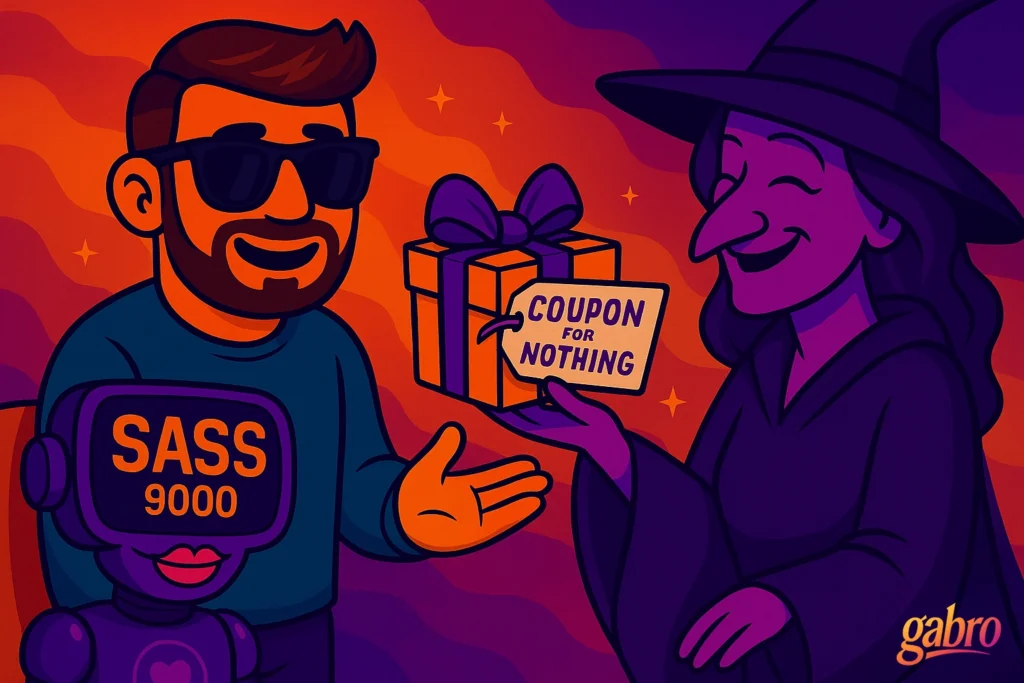 Cartoon illustration of gabro smiling and gesturing toward a cheerful purple witch handing him a wrapped gift labeled “COUPON FOR NOTHING.” Next to gabro, the friendly robot SASS 9000 watches the exchange. The background features warm orange and purple waves with glowing stars, and the gabro logo appears in the bottom right corner.