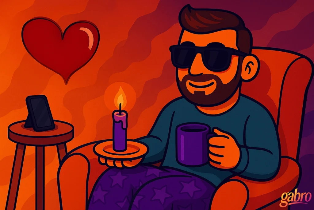 Cartoon illustration of gabro sitting comfortably in an orange armchair, wearing sunglasses and holding a purple mug in one hand and a candle on a saucer in the other. A glowing red heart floats above a small table with a phone propped up, suggesting waiting for a cozy video call. The warm orange and purple background creates a romantic, relaxed atmosphere. gabro logo bottom right corner of image.