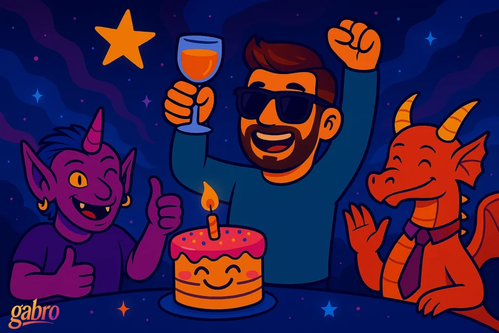 Cartoon illustration of gabro raising a glass and celebrating with a smiling birthday cake, joined by a cheerful orange dragon wearing a tie and a purple imp-like friend with a horn and gold earrings. They’re all laughing under a starry night sky with swirling blue, violet, and orange patterns. The gabro logo appears in the bottom left corner.