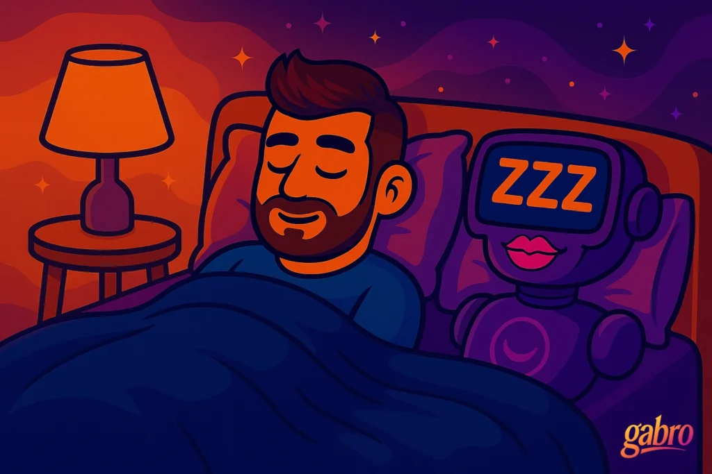 Cartoon illustration of gabro peacefully sleeping in bed beside a friendly robot with “ZZZ” displayed on its screen face. A warm orange lamp glows on the nightstand, casting cozy light across the purple and navy room filled with gentle star-like sparkles. The gabro logo appears in the bottom right corner.