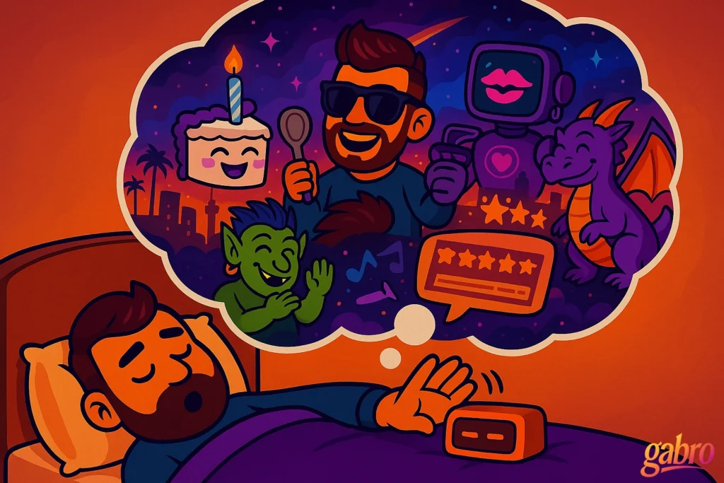 Cartoon illustration of gabro sleeping peacefully in bed while dreaming of a colorful adventure. Inside the dream bubble, he appears singing into a spoon microphone with friends: a smiling robot, a purple dragon, a laughing green goblin, and a happy birthday cake. Musical notes, stars, and glowing reviews float around them, all in a vibrant palette of oranges, purples, and blues. The gabro logo appears in the bottom right corner.