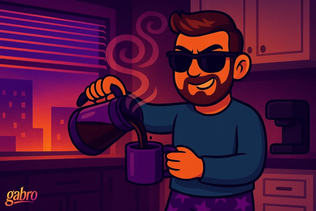 Cartoon illustration of gabro wearing sunglasses and smiling mischievously while pouring steaming coffee into a purple mug in a cozy kitchen at sunrise. The scene glows with warm orange and purple tones, with city buildings visible through the window. The gabro logo appears in the bottom left corner.