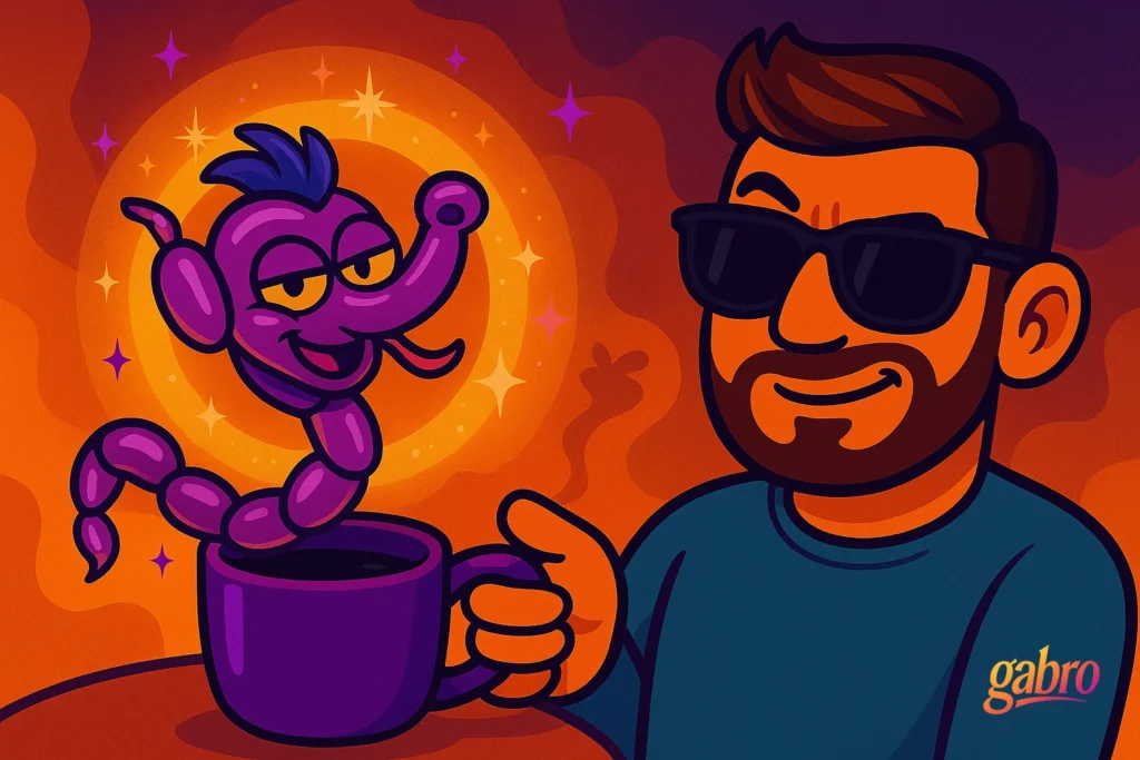 Cartoon illustration of gabro wearing sunglasses and smiling as he holds a purple coffee mug. From the mug, a playful purple balloon-animal creature with a mischievous grin and blue hair emerges, surrounded by glowing orange and yellow light with sparkling stars. The warm, surreal scene glows with purple and orange hues. The gabro logo appears on his shirt.