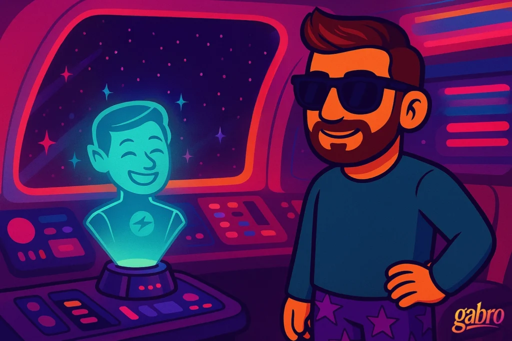 Cartoon illustration of gabro wearing sunglasses, smiling confidently aboard a futuristic spaceship. In front of him, a glowing teal hologram of a cheerful figure with a lightning bolt symbol on its chest floats above a control panel filled with colorful lights and buttons. Stars sparkle outside the spaceship window against a deep purple and magenta sky. The gabro logo appears in the bottom right corner.