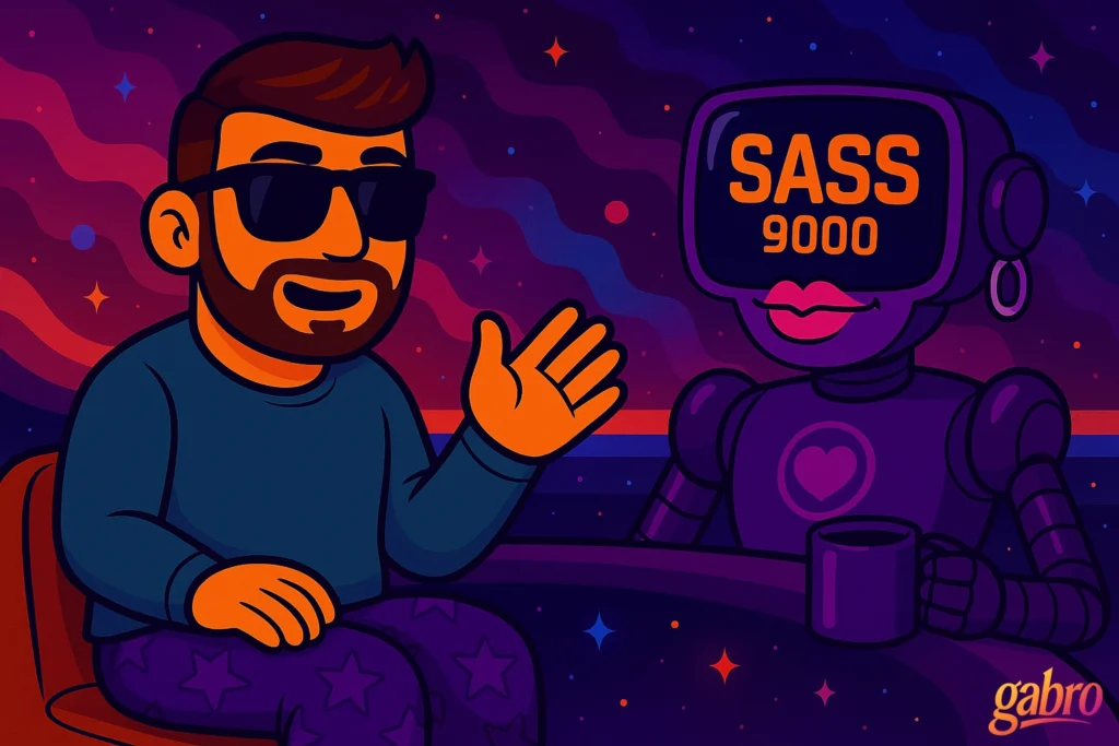 Cartoon illustration of gabro wearing sunglasses, smiling and gesturing while sitting across from a sleek robot with a screen face that displays the text “SASS 9000.” The robot has pink lips, a glowing heart emblem on its chest, and holds a purple mug. The background features swirling cosmic colors in shades of magenta, blue, and violet, filled with stars. The gabro logo appears in the bottom right corner.