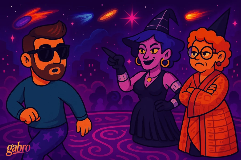 Cartoon illustration of gabro wearing sunglasses and purple star-patterned pajama pants, turning around with a surprised expression as two witches confront him. One witch with purple skin and a pointed hat smiles slyly and points at him, while the other, with curly orange hair and glasses, stands with arms crossed, looking unimpressed. The background features a starry sky with colorful comets and swirling purple clouds. The gabro logo appears in the bottom left corner.