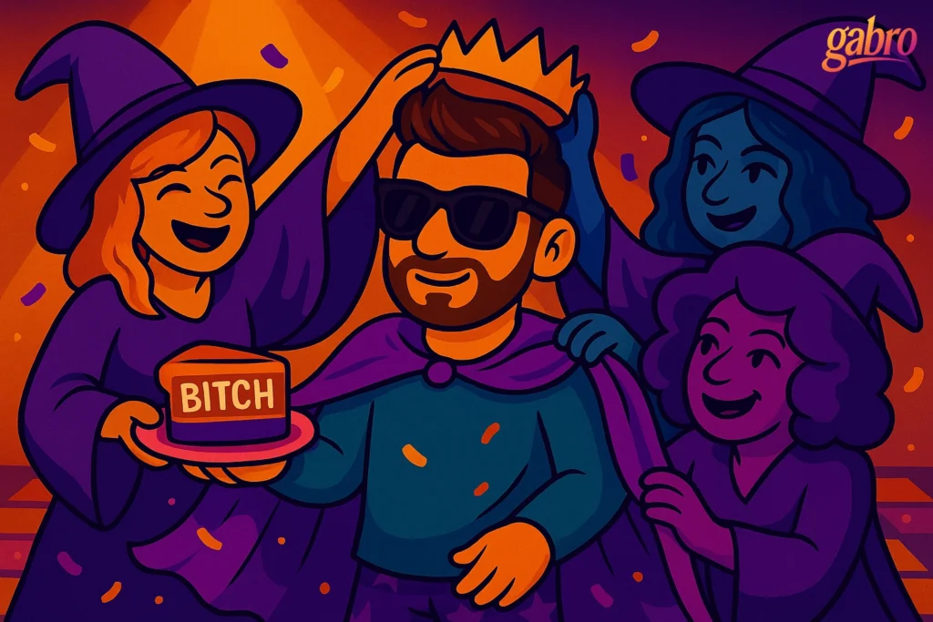 Cartoon illustration of gabro wearing sunglasses and a purple cape while being crowned by a group of joyful witches celebrating around him. One witch presents a cake with the word “BITCH” written on it, and colorful confetti fills the air. The scene glows in warm orange and purple hues, capturing a playful, magical celebration. The gabro logo appears in the top right corner.