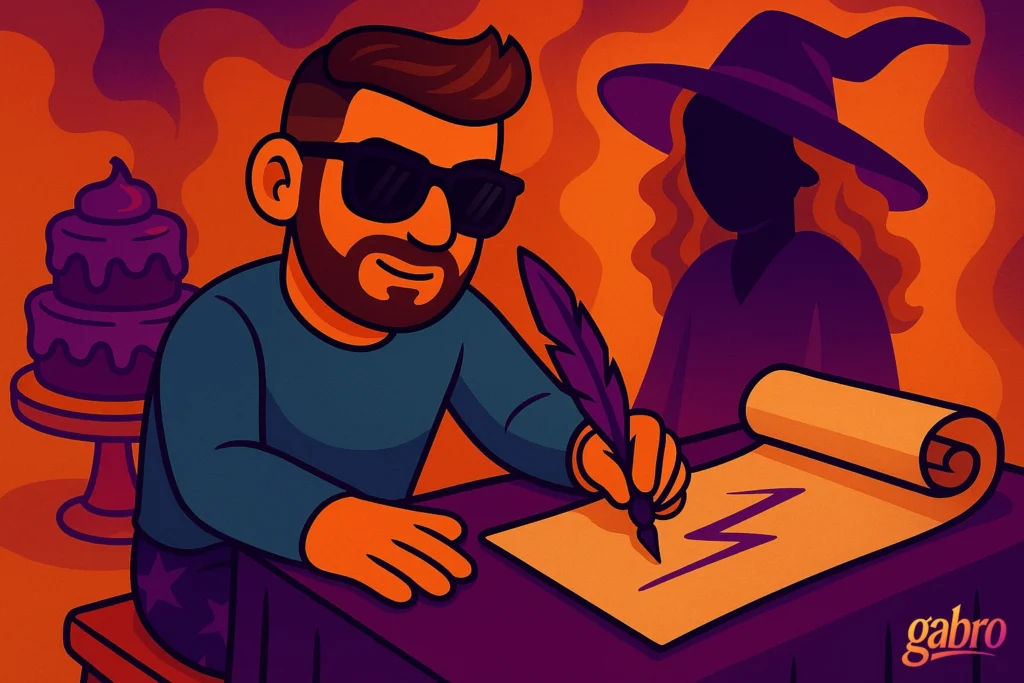 Cartoon illustration of gabro wearing sunglasses, sitting at a table and writing on a scroll with a purple quill pen. A mysterious witch figure with flowing hair and a pointed hat sits beside him in shadow, while a purple cake with dripping icing stands in the background. The scene glows in orange and purple hues, with the gabro logo in the bottom right corner.