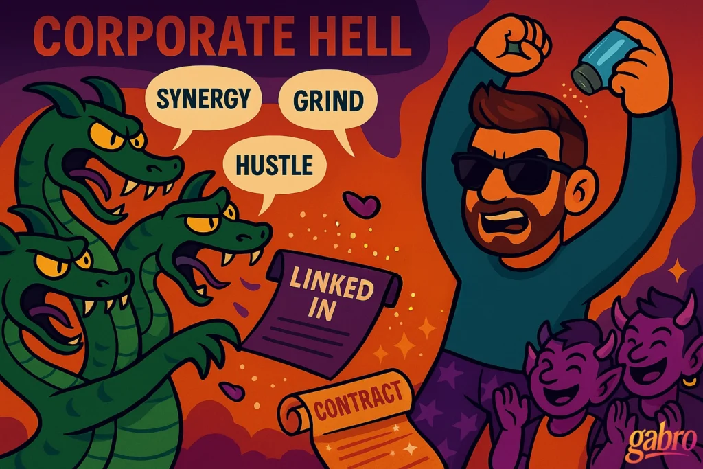 Cartoon illustration of gabro angrily shaking a salt shaker toward a three-headed green hydra labeled “CORPORATE HELL.” Each hydra head shouts business buzzwords like “SYNERGY,” “GRIND,” and “HUSTLE,” while holding scrolls that say “LINKEDIN” and “CONTRACT.” Behind gabro, purple devils laugh in amusement. The scene glows with fiery orange and purple tones, and the gabro logo appears in the bottom right corner.
