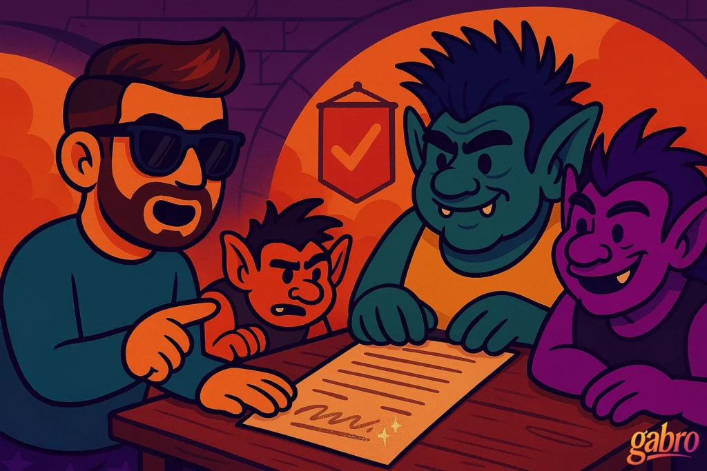 Cartoon illustration of gabro wearing sunglasses, sitting at a wooden table with three colorful trolls. He points at a glowing contract on the table while the trolls grin mischievously. The background features warm orange light, stone arches, and a banner with a checkmark symbol. The gabro logo appears in the bottom right corner.
