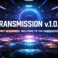 Futuristic gabroverse transmission banner with glowing control room visuals, bold “TRANSMISSION v1.0.0” text, and a small gabro logo watermark.