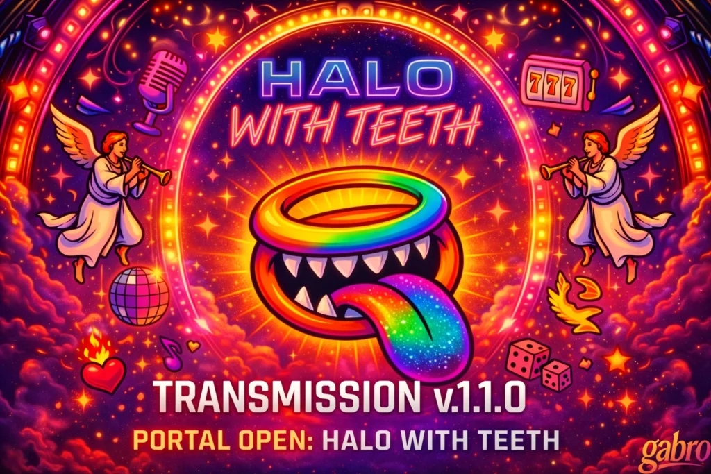 Banner neón de TRANSMISSIONS de HALO WITH TEETH con un halo arcoíris, dientes afilados, ángeles, símbolos de casino y luces brillantes de fantasía Vegas en rosa y morado.