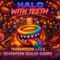 HALO WITH TEETH transmission banner with a rainbow halo, glowing locked vault doors, angels, and neon cosmic symbols.