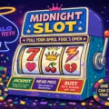 Cartoon-style April Fool’s casino banner with a colorful “Midnight Slot” machine on a dark blue and purple gradient background, featuring heart, cherry, crown, lightning bolt, and broken-heart reel symbols, plus poker chips, confetti, a glass of ice water, HALO WITH TEETH logo on the left, and a gabro logo in the top right.