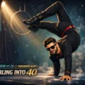 Dramatic circus-style banner for “Tumbling Into 40,” featuring cartoon gabro in black performance wear and sunglasses holding a powerful one-arm acro freeze on a padded floor beneath a spotlight, with red velvet curtains, an aerial hoop, chalk dust, and a cosmic night-sky backdrop.