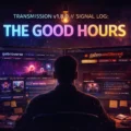 Stylized neon digital artwork of a person seen from behind at a desk, facing two large curved monitors in a dark, dreamy workspace. The screens show the gabroverse and gabro:unfiltered websites, while glowing text above reads, “TRANSMISSION v1.8.0 // SIGNAL LOG: THE GOOD HOURS,” in blue, purple, pink, and gold light under a hanging bulb.